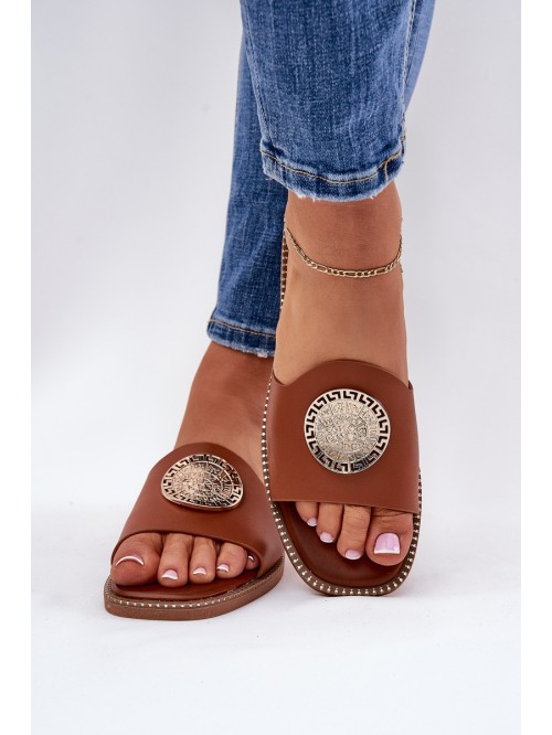 Eco Leather Slippers On Flat Heel With Decoration Camel Tatereia