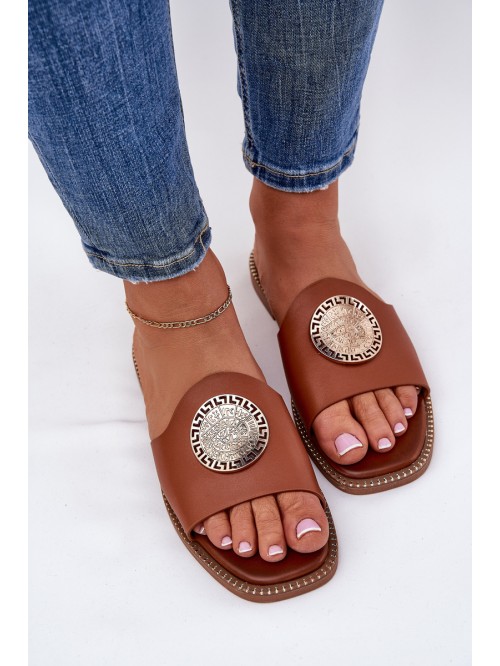 Eco Leather Slippers On Flat Heel With Decoration Camel Tatereia 2