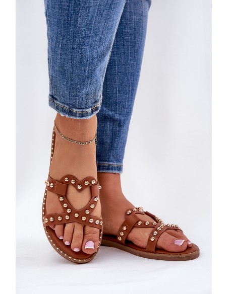 Decorated Flat Women's Sandals Camel Adivrae