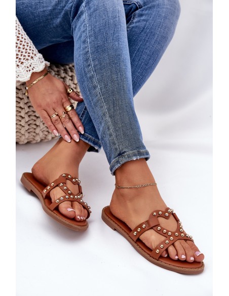 Decorated Flat Women's Sandals Camel Adivrae