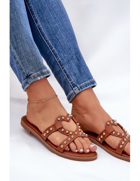Decorated Flat Women's Sandals Camel Adivrae
