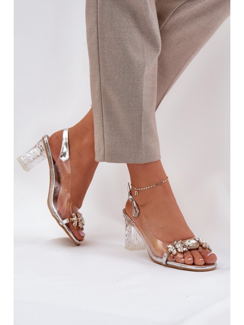 Elegant Heeled Sandals With Decorations Silver D&A MR38-444