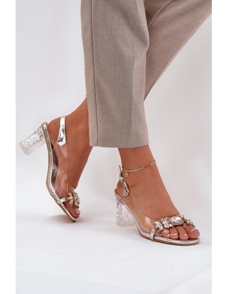 Elegant Heeled Sandals With Decorations Silver D&A MR38-444