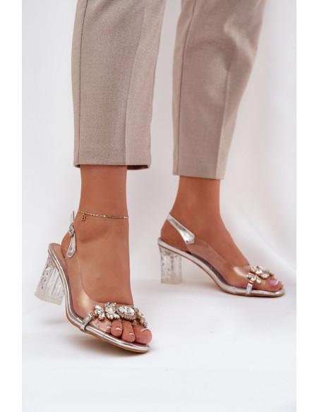 Elegant Heeled Sandals With Decorations Silver D&A MR38-444