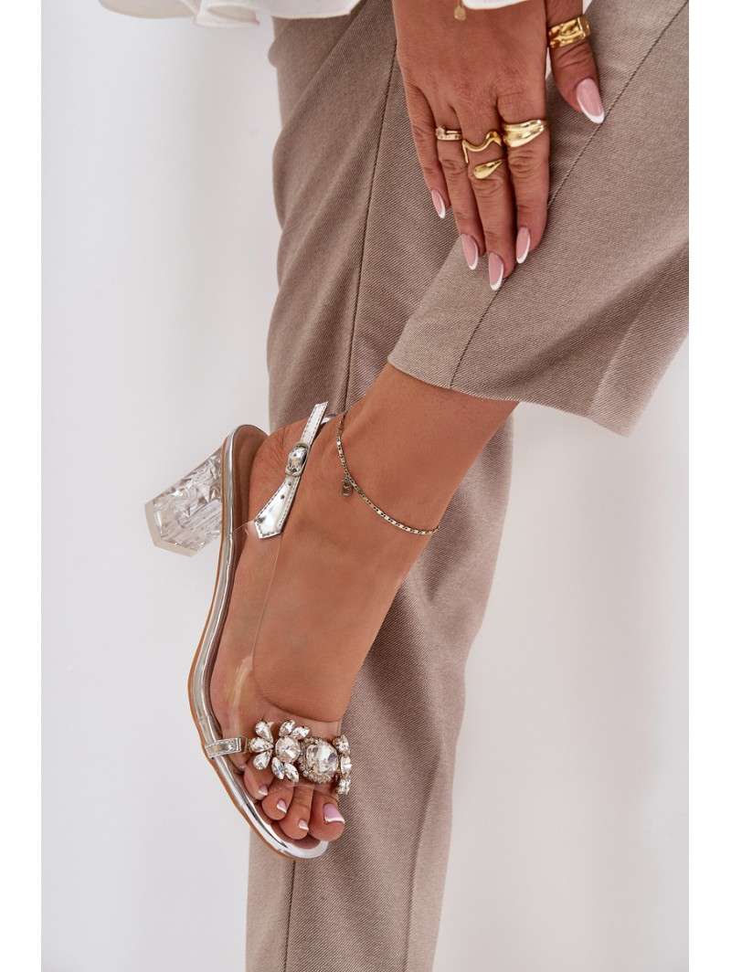 Elegant Heeled Sandals With Decorations Silver D&A MR38-444