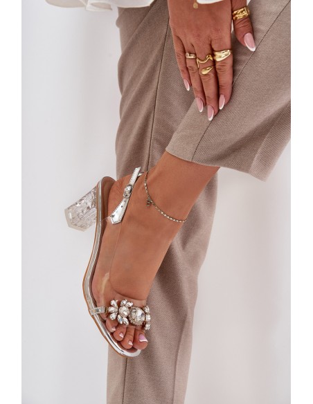Elegant Heeled Sandals With Decorations Silver D&A MR38-444