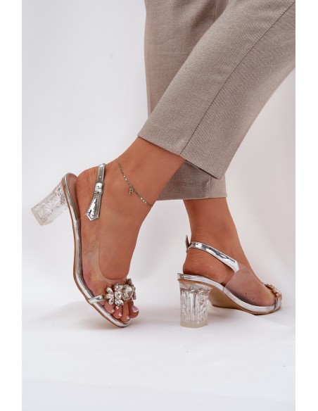 Elegant Heeled Sandals With Decorations Silver D&A MR38-444