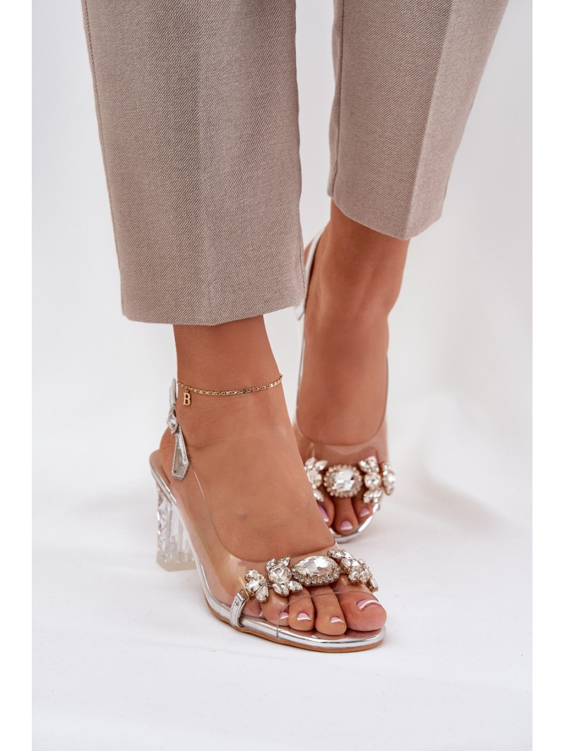 Elegant Heeled Sandals With Decorations Silver D&A MR38-444