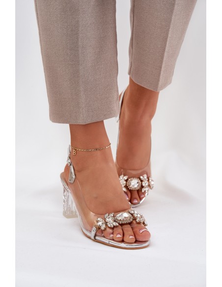 Elegant Heeled Sandals With Decorations Silver D&A MR38-444