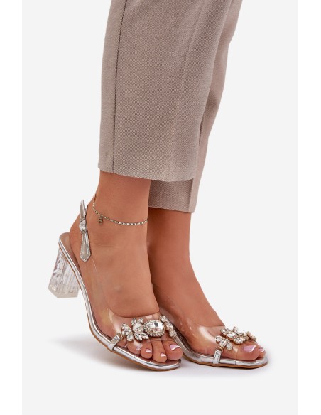 Elegant Heeled Sandals With Decorations Silver D&A MR38-444