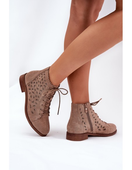 Low Ankle Boots With Openwork Pattern Beige S.Barski HY51-185