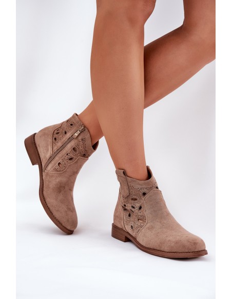 Ladies Perforated Ankle Boots With Zipper Beige S.Barski HY42-081
