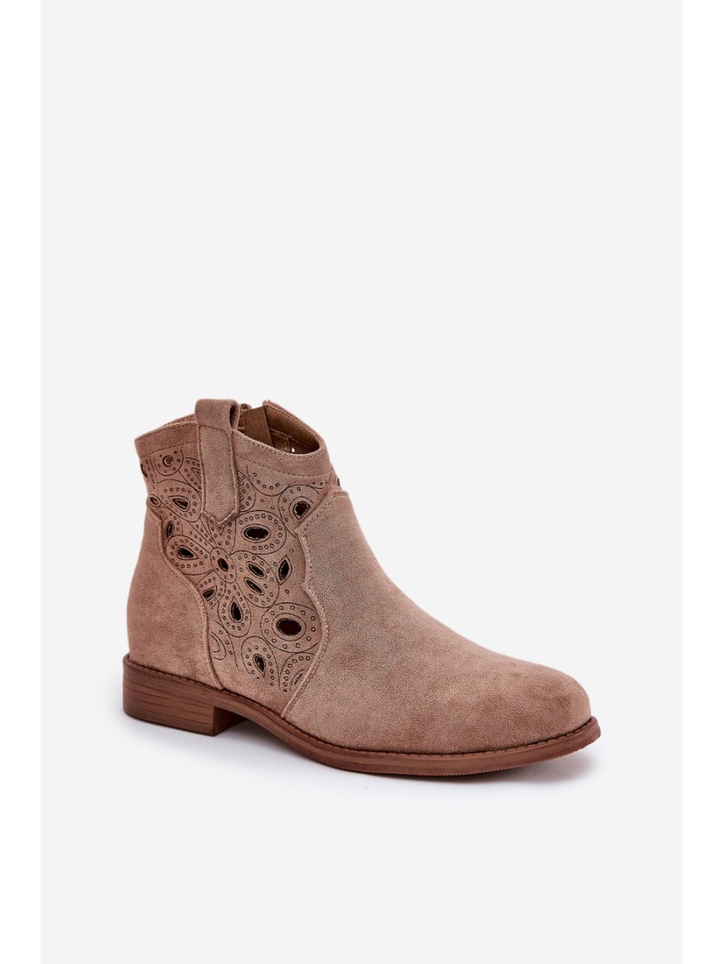 Ladies Perforated Ankle Boots With Zipper Beige S.Barski HY42-081