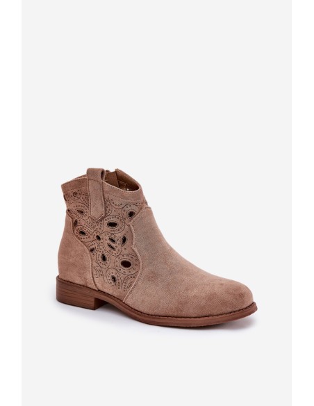 Ladies Perforated Ankle Boots With Zipper Beige S.Barski HY42-081