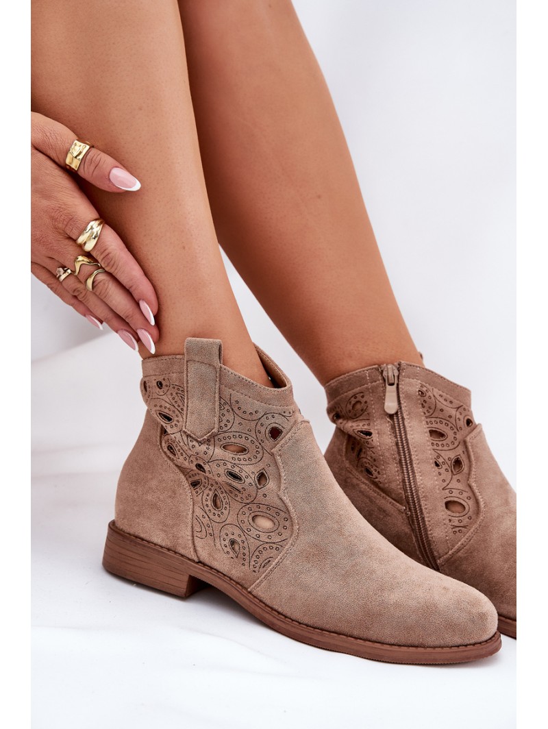 Ladies Perforated Ankle Boots With Zipper Beige S.Barski HY42-081