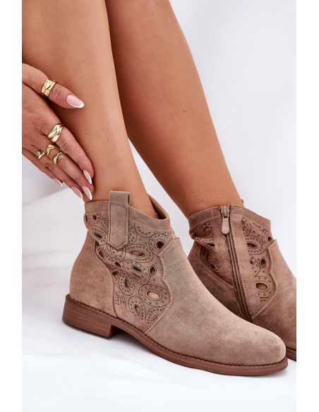 Ladies Perforated Ankle Boots With Zipper Beige S.Barski HY42-081