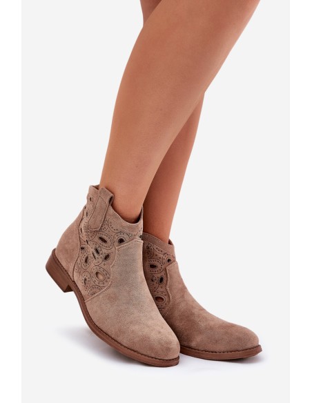 Ladies Perforated Ankle Boots With Zipper Beige S.Barski HY42-081
