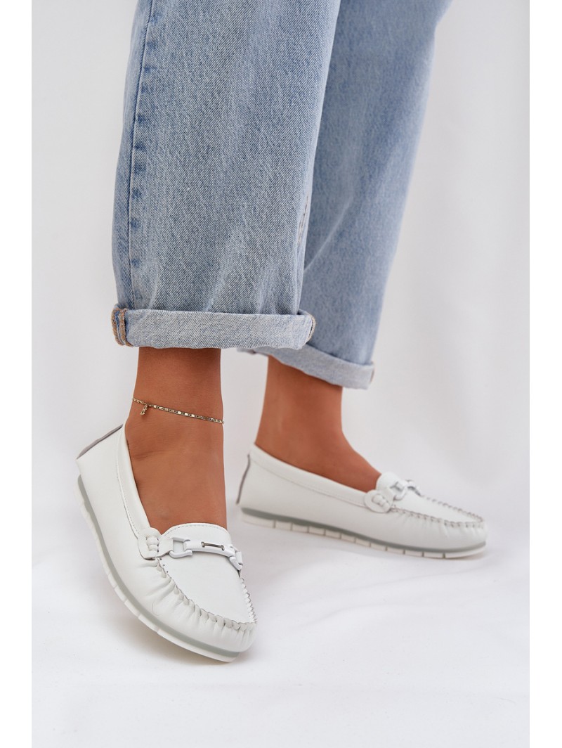 Flat Leather Loafers With Decoration S.Barski LR51-547 White