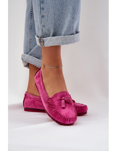 Women's Flat Classic Suede Moccasins S.Barski LR51-548 Fuchsia