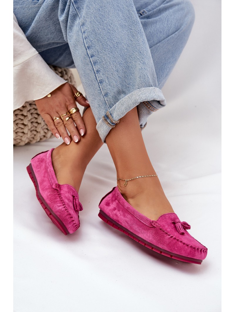 Women's Flat Classic Suede Moccasins S.Barski LR51-548 Fuchsia