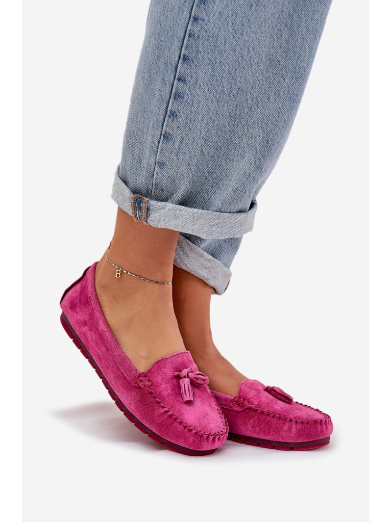 Women's Flat Classic Suede Moccasins S.Barski LR51-548 Fuchsia