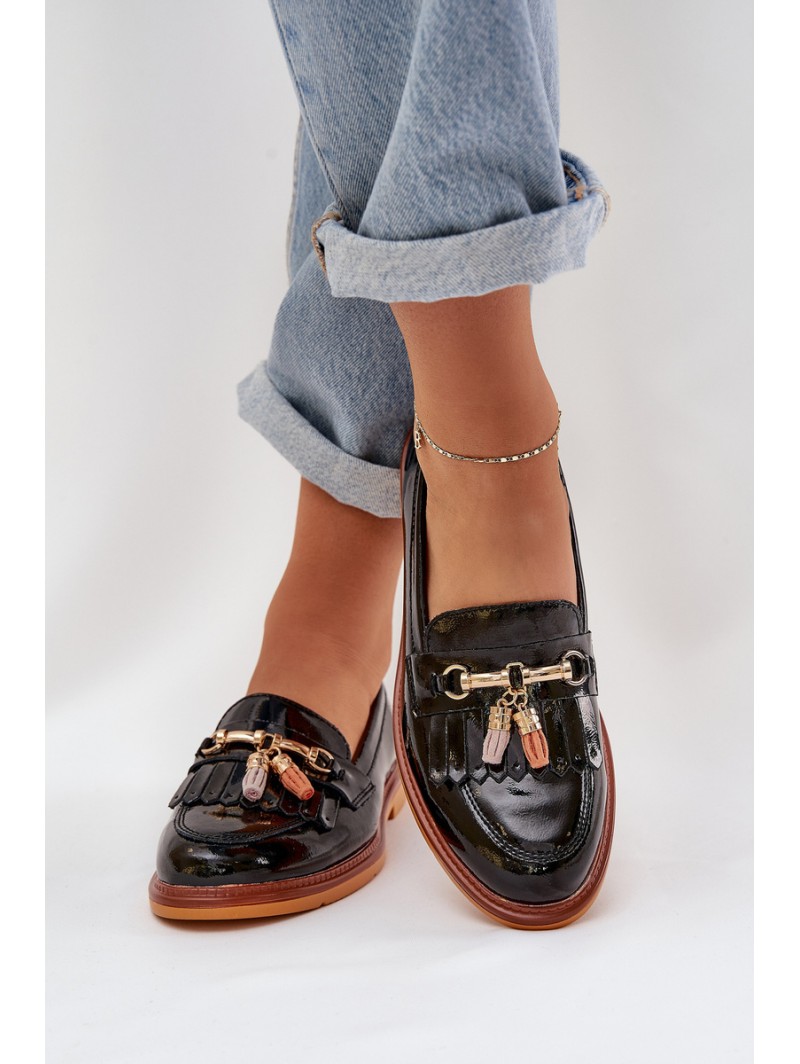 Lacquered Leather Elegant Loafers On Flat Heel S.Barski LR51-768A Black