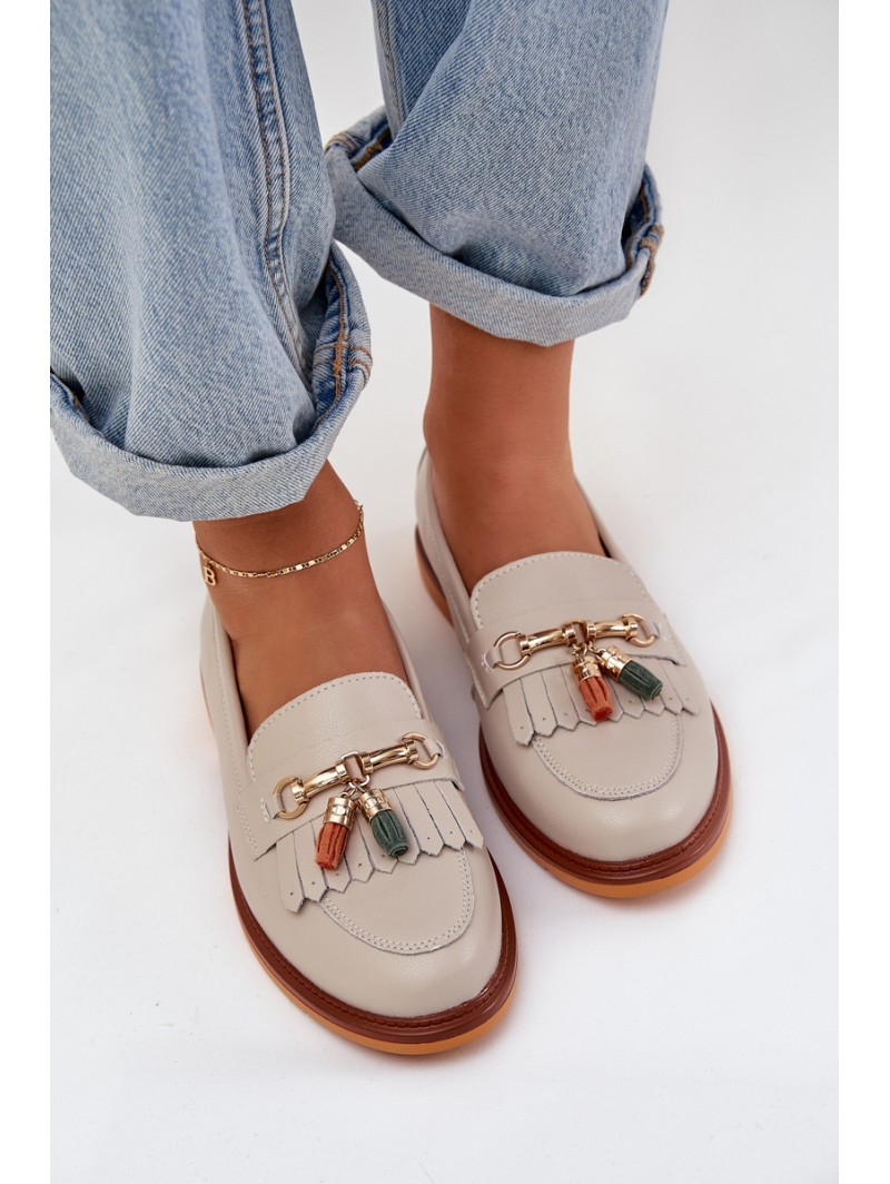 Leather Elegant Loafers On Flat Heel S.Barski LR51-768 Beige