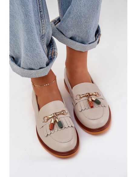 Leather Elegant Loafers On Flat Heel S.Barski LR51-768 Beige