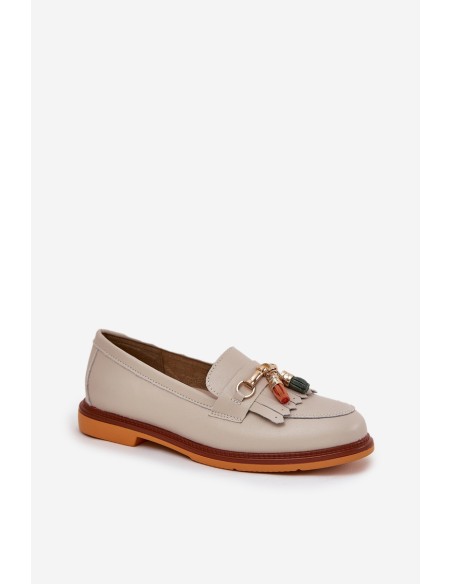 Leather Elegant Loafers On Flat Heel S.Barski LR51-768 Beige