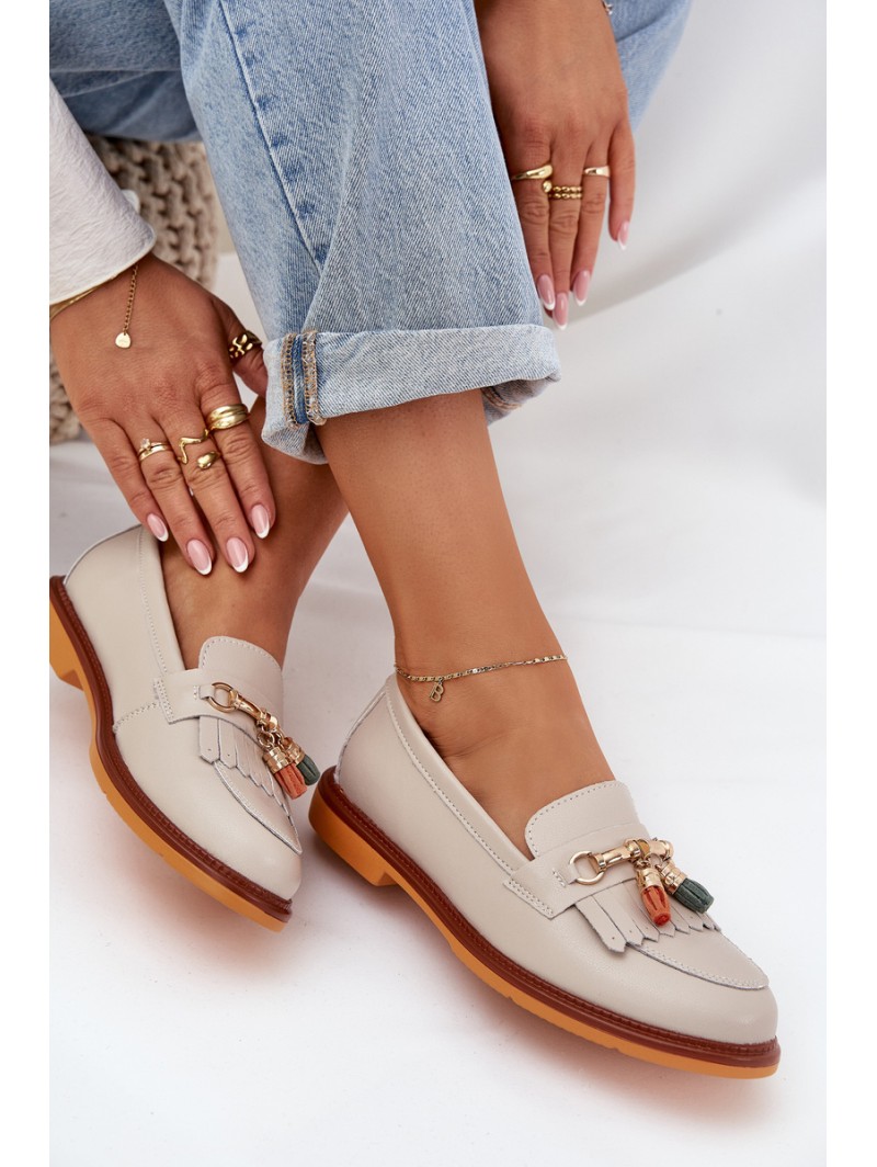 Leather Elegant Loafers On Flat Heel S.Barski LR51-768 Beige