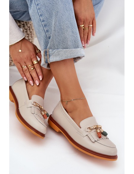 Leather Elegant Loafers On Flat Heel S.Barski LR51-768 Beige