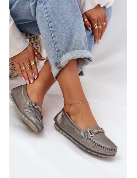 Glitter Flat Moccasins Made Of Natural Leather D&A LR51-546 Silver