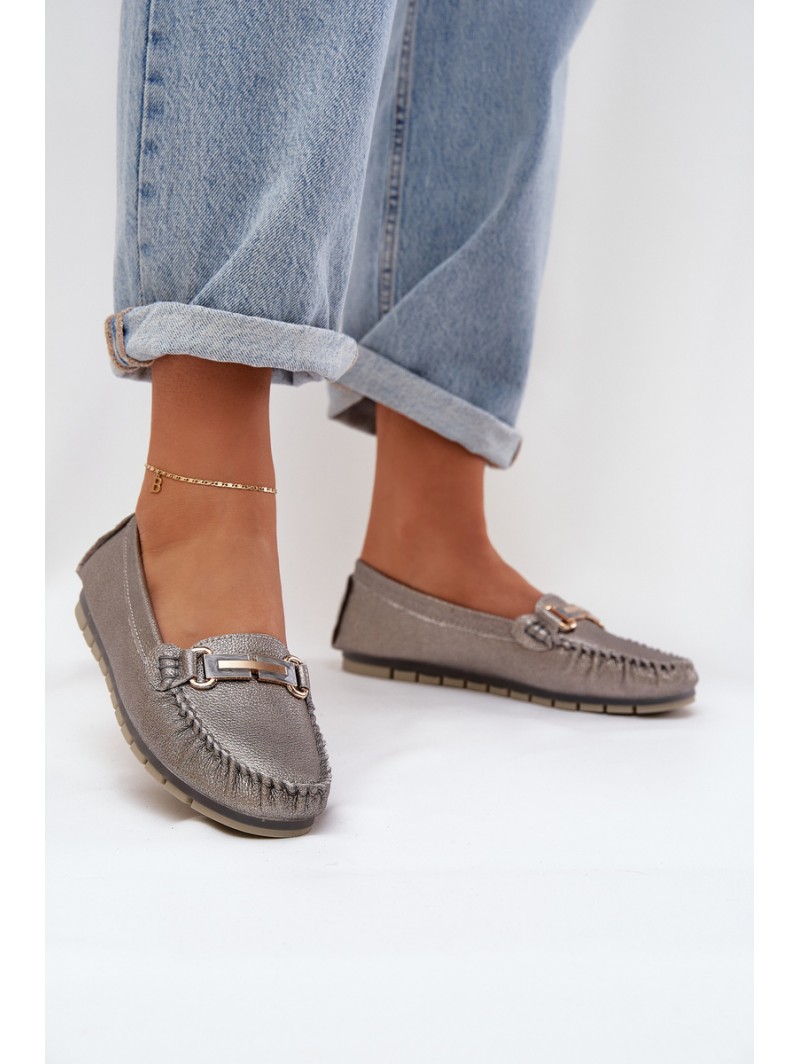 Glitter Flat Moccasins Made Of Natural Leather D&A LR51-546 Silver