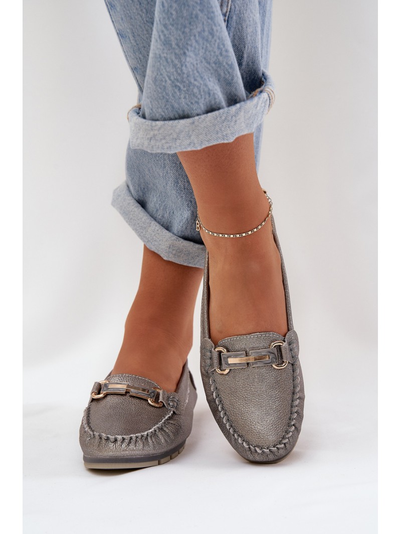 Glitter Flat Moccasins Made Of Natural Leather D&A LR51-546 Silver