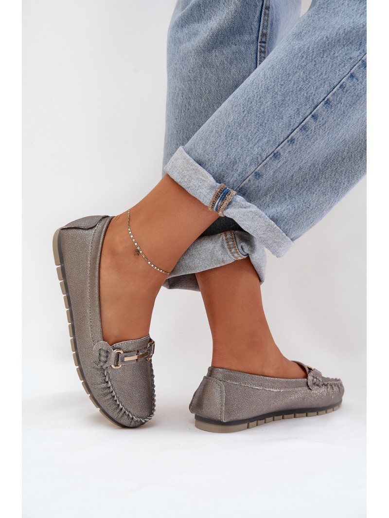 Glitter Flat Moccasins Made Of Natural Leather D&A LR51-546 Silver