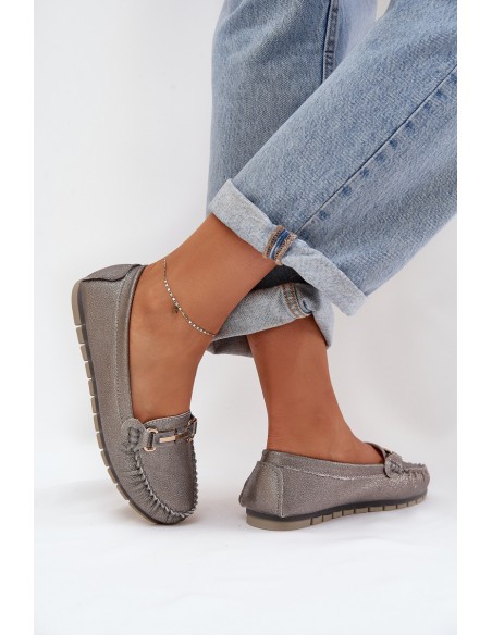 Glitter Flat Moccasins Made Of Natural Leather D&A LR51-546 Silver