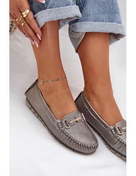 Glitter Flat Moccasins Made Of Natural Leather D&A LR51-546 Silver