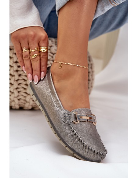 Glitter Flat Moccasins Made Of Natural Leather D&A LR51-546 Silver