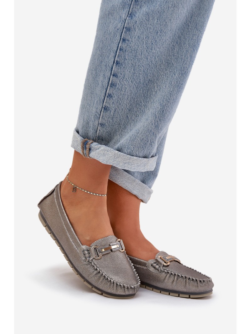 Glitter Flat Moccasins Made Of Natural Leather D&A LR51-546 Silver