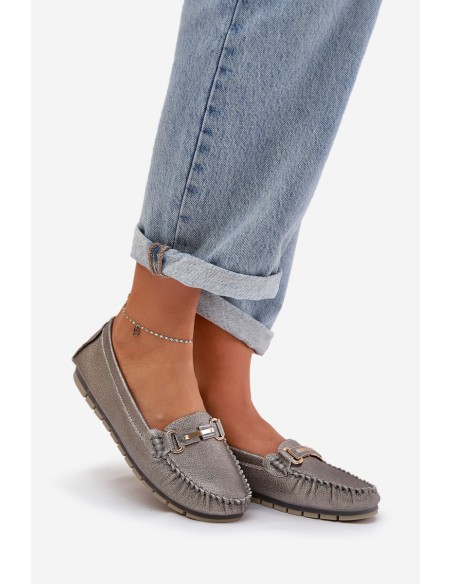 Glitter Flat Moccasins Made Of Natural Leather D&A LR51-546 Silver