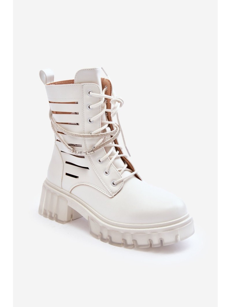 Fashionable Lace-up Boots with Decorative Strip White Rocky