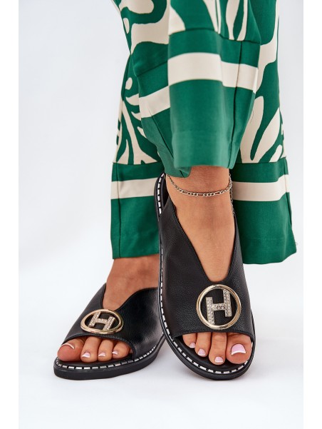 Flat Elegant Sandals With Decoration Black Iseliria