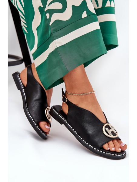 Flat Elegant Sandals With Decoration Black Iseliria