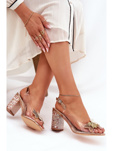 Transparent Sandals With Flowers On Decorated Heel MR38-331 Rose Gold D&A