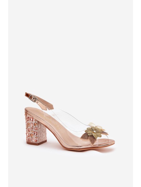 Transparent Sandals With Flowers On Decorated Heel MR38-331 Rose Gold D&A