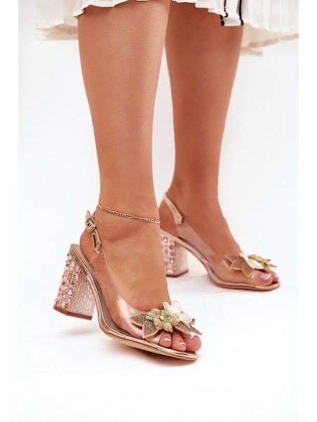 Skaidrūs sandalai su gėlėmis ant dekoruoto kulno MR38-331 Rose Gold D&A