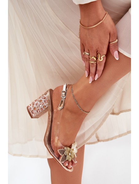 Transparent Sandals With Flowers On Decorated Heel MR38-331 Rose Gold D&A