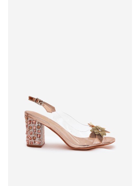 Transparent Sandals With Flowers On Decorated Heel MR38-331 Rose Gold D&A
