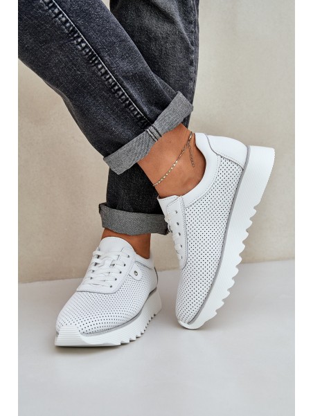 Leather Sports Shoes On Platform With Glitter D&A LR51-629 White