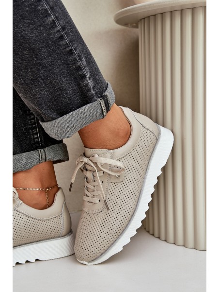 Leather Sports Shoes On Platform With Glitter D&A LR51-629 Beige